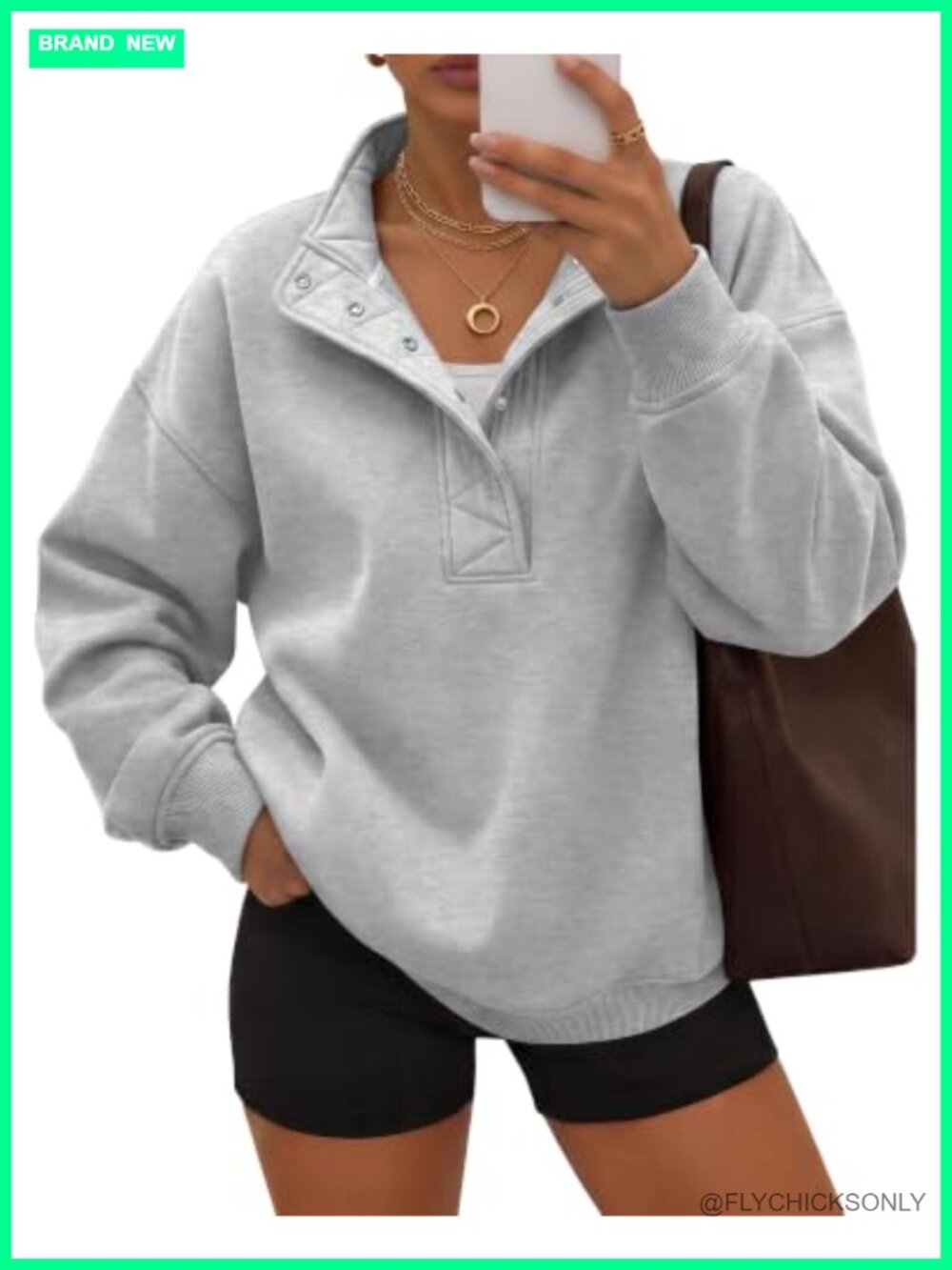 Oversized Snap Mock Neck Fleece Pullover Sweatshirt